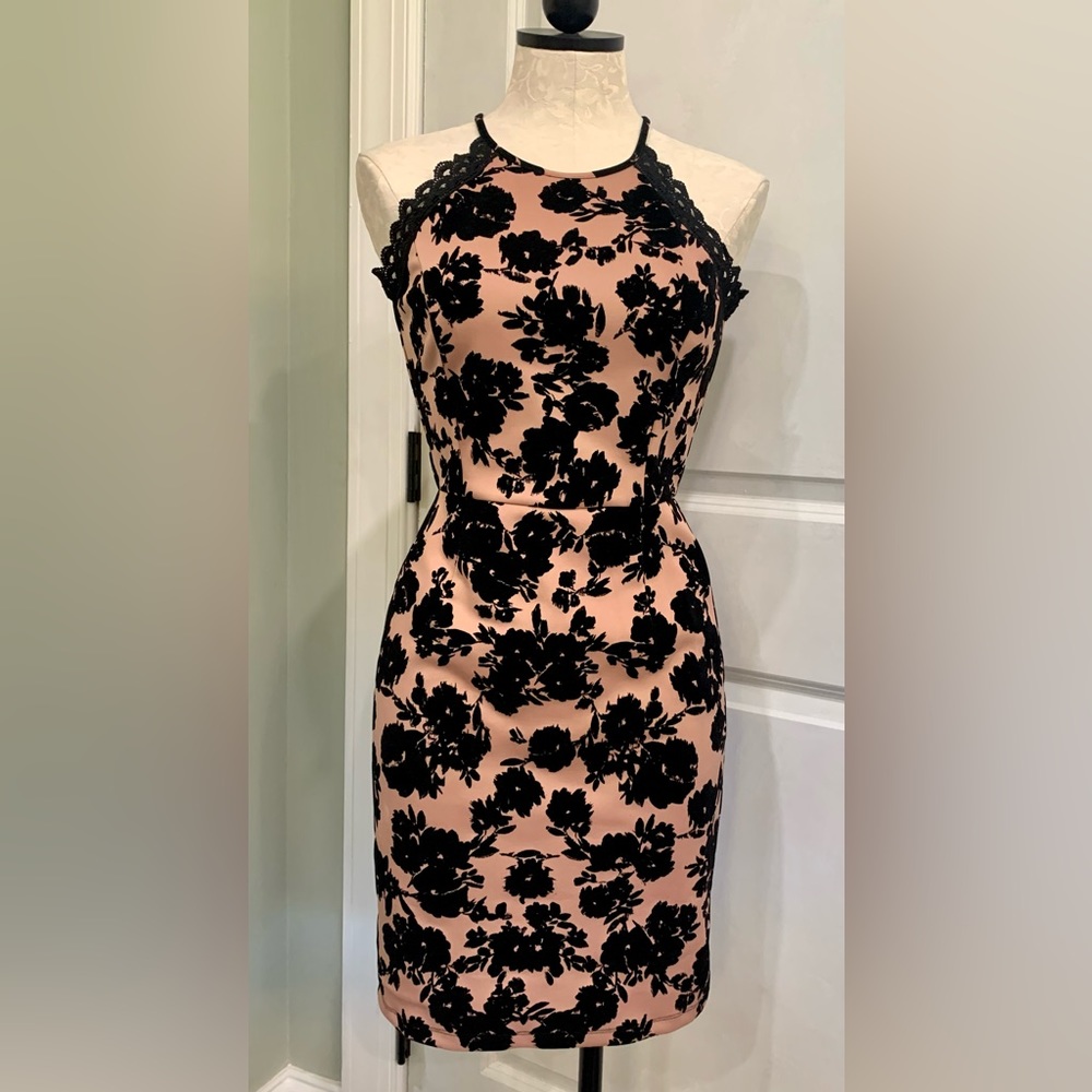90's Vibe Bodycon Minidress. Black Velvet appliqué flowers.